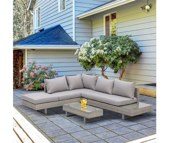Conforama Outsunny Conjunto De Muebles Ratán De 3 Piezas Mesa De Centro Sofá Doble Y Sofá De 3 Plazas Con Cojines Extraíbles Para Exterior Jardín Terraza Patio Acero Gris