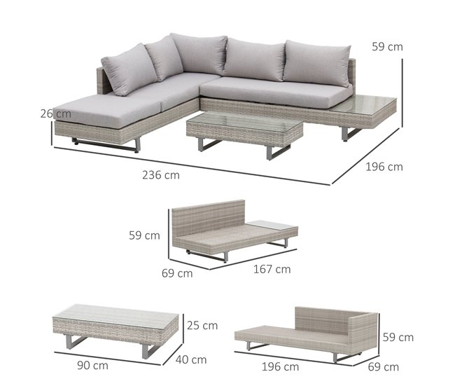 Conforama Outsunny Conjunto De Muebles Ratán De 3 Piezas Mesa De Centro Sofá Doble Y Sofá De 3 Plazas Con Cojines Extraíbles Para Exterior Jardín Terraza Patio Acero Gris