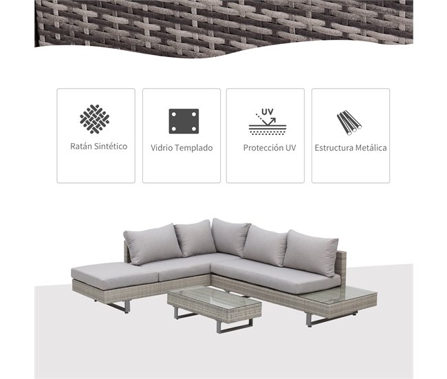 Conforama Outsunny Conjunto De Muebles Ratán De 3 Piezas Mesa De Centro Sofá Doble Y Sofá De 3 Plazas Con Cojines Extraíbles Para Exterior Jardín Terraza Patio Acero Gris