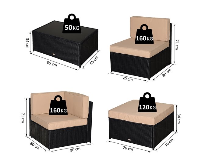 Conforama Outsunny Conjunto Muebles De Jardín De Ratán 7 Piezas Mesa Sofás Taburetes Con Cojines Lavables 2xSofá De Esquina 2xSofá 2xTaburete 1xMesa De Centro Para Exterior Multicolor