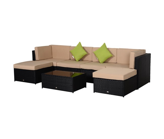 Conforama Outsunny Conjunto Muebles de Jardín de Ratán 7 Piezas Mesa Sofás Taburetes con Cojines Lavables 2xSofá de Esquina 2xSofá 2xTaburete 1xMesa de Centro para Exterior Multicolor