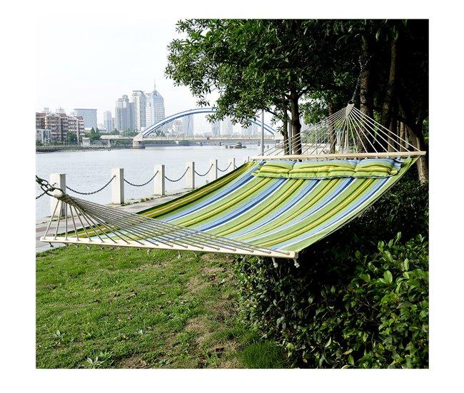Conforama Outsunny Hamaca Colgante De Jardín Para 2 Personas Hamaca Ecológico Para Camping Con Almohada Carga De 180 Kg Rayas Azules Y Verdes 3 4x1 4m