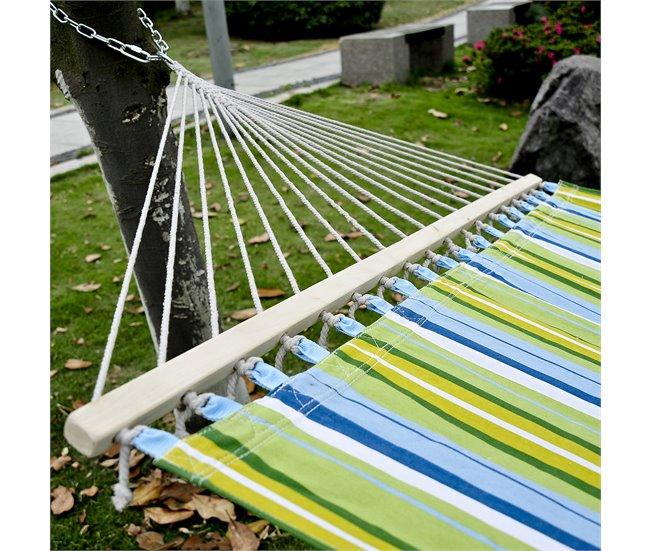 Conforama Outsunny Hamaca Colgante De Jardín Para 2 Personas Hamaca Ecológico Para Camping Con Almohada Carga De 180 Kg Rayas Azules Y Verdes 3 4x1 4m