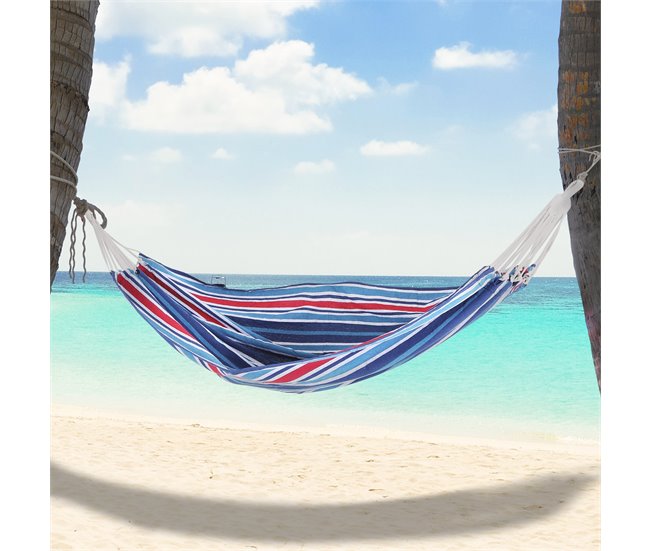 Conforama Outsunny Hamaca De Algodón Para Jardín 210x150 Cm Hamaca Colgante Portátil Carga Máx. 180 Kg Para Acampar Piscina Camping Rayas Azul Y Rojo