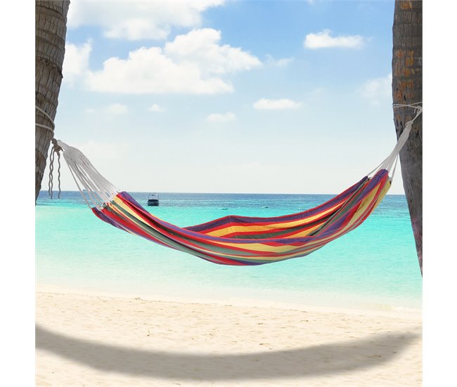 Conforama Outsunny Hamaca De Algodón Para Jardín 210x150 Cm Hamaca Colgante Portátil Carga Máx. 180 Kg Para Acampar Piscina Camping Rayas Multicolor