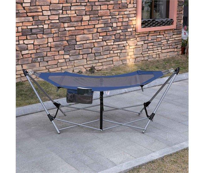Conforama Outsunny Hamaca De Jardín Con Soporte Plegable Con Cama De Tela Oxford Y Malla Transpirable Bolsillo De Almacenaje Y Portátil Con Bolsa 235 5x82x90 5 Cm Azul Y Plata