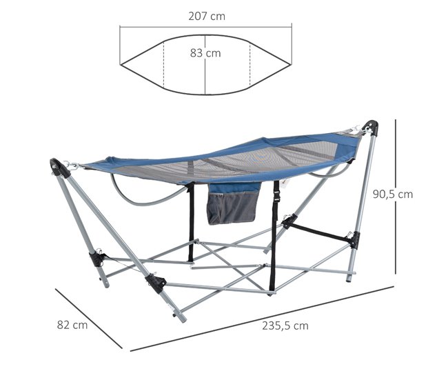 Conforama Outsunny Hamaca De Jardín Con Soporte Plegable Con Cama De Tela Oxford Y Malla Transpirable Bolsillo De Almacenaje Y Portátil Con Bolsa 235 5x82x90 5 Cm Azul Y Plata