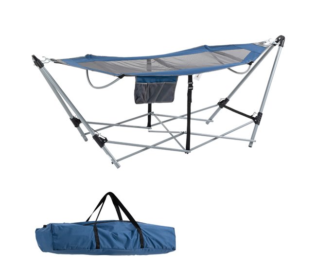 Conforama Outsunny Hamaca de Jardín con Soporte Plegable con Cama de Tela Oxford y Malla Transpirable Bolsillo de Almacenaje y Portátil con Bolsa 235 5x82x90 5 cm Azul y Plata
