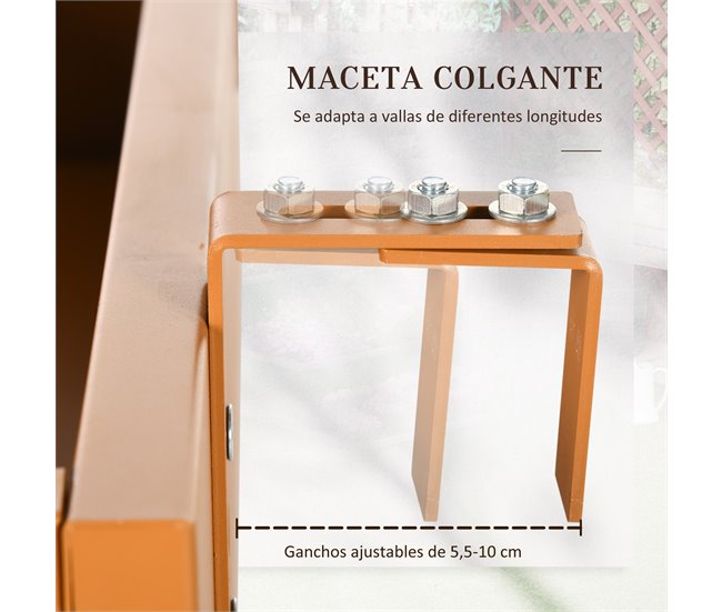 Conforama Outsunny Jardinera Colgante De Acero Maceta Rectangular Colgante Con 2 Ganchos Ajustables Y 2 Orificios De Drenaje Para Balcón Jardín Patio 91x35x24 Cm Marrón