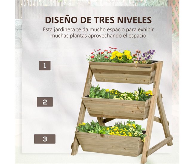 Conforama Outsunny Jardinera De Escalera De 3 Pisos Maceteros De Madera Con Tela No Tejida Y Orificios De Drenaje Huerto Urbano Para Plantas Macetas Flores Jardín 71x61x77 Cm Natural