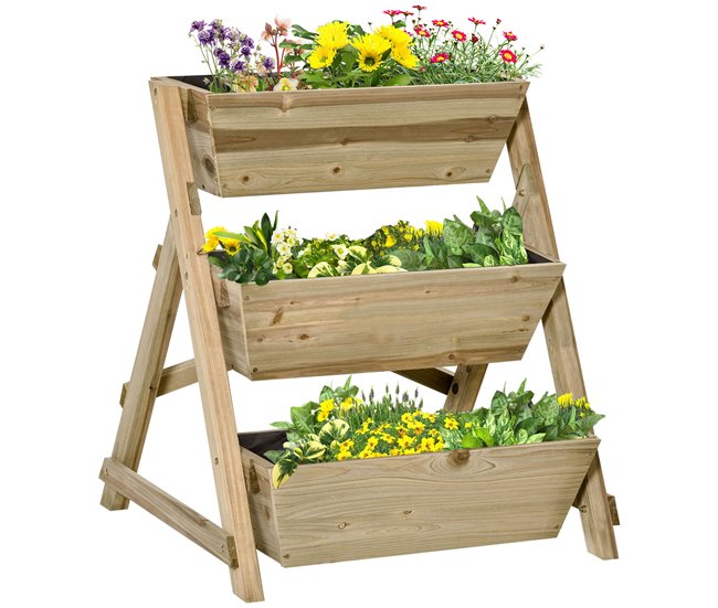 Conforama Outsunny Jardinera de Escalera de 3 Pisos Maceteros de Madera con Tela no Tejida y Orificios de Drenaje Huerto Urbano para Plantas Macetas Flores Jardín 71x61x77 cm Natural