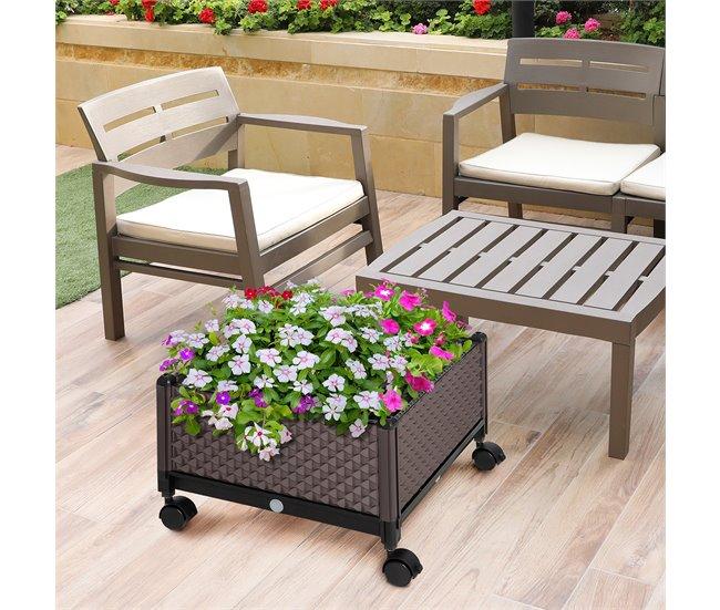 Conforama Outsunny Jardinera De Plástico Con Ruedas Macetero De Jardín Con Agujeros De Drenaje Para Cultivo De Plantas En Exterior Patio Terraza 50x50x33 Cm Marrón