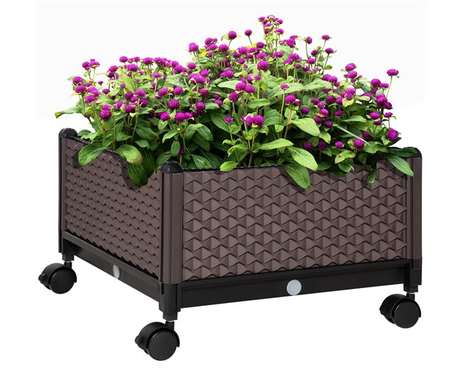 Conforama Outsunny Jardinera de Plástico con Ruedas Macetero de Jardín con Agujeros de Drenaje para Cultivo de Plantas en Exterior Patio Terraza 50x50x33 cm Marrón