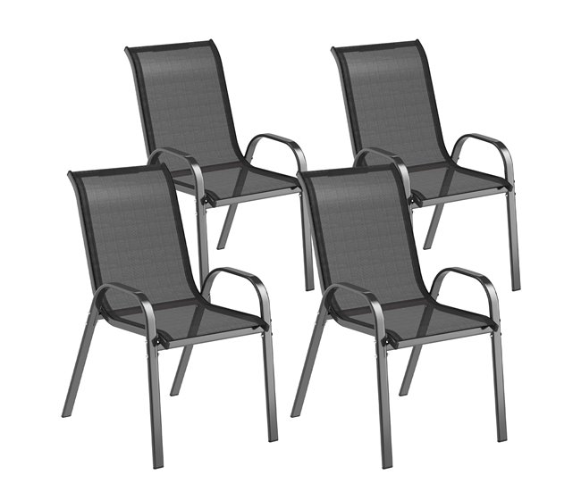 Conforama Outsunny Juego de 4 Sillas de Jardín Exterior Sillas Terraza Exterior Apilables Sillas de Jardín con Tela Transpirable Marco de Acero Reposabrazos y Respaldo 54x71x93 cm Negro