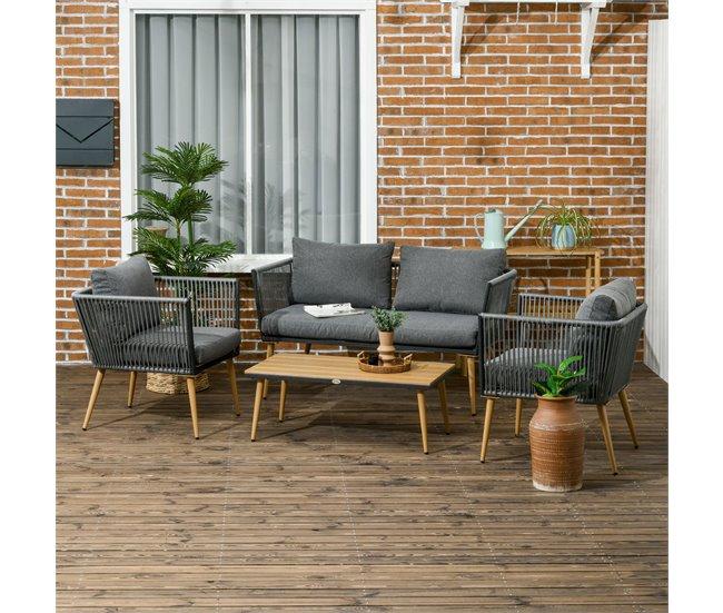 Conforama Outsunny Juego De Muebles De Jardín De Ratán 4 Piezas Juego De Conversación Incluye Sofá De 2 Plazas 2 Sillones Y Mesa De Centro De Tablero De Madera Y Plástico Cojines Anti-UV Para Terraza Patio Gris
