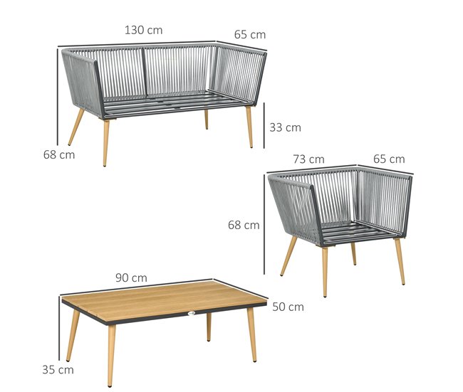 Conforama Outsunny Juego De Muebles De Jardín De Ratán 4 Piezas Juego De Conversación Incluye Sofá De 2 Plazas 2 Sillones Y Mesa De Centro De Tablero De Madera Y Plástico Cojines Anti-UV Para Terraza Patio Gris
