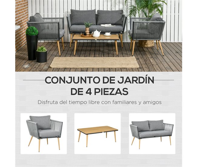 Conforama Outsunny Juego De Muebles De Jardín De Ratán 4 Piezas Juego De Conversación Incluye Sofá De 2 Plazas 2 Sillones Y Mesa De Centro De Tablero De Madera Y Plástico Cojines Anti-UV Para Terraza Patio Gris