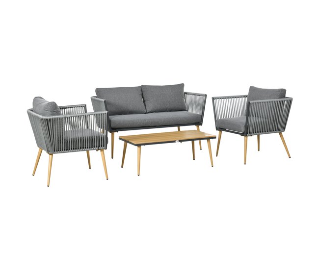 Conforama Outsunny Juego de Muebles de Jardín de Ratán 4 Piezas Juego de Conversación Incluye Sofá de 2 Plazas 2 Sillones y Mesa de Centro de Tablero de Madera y Plástico Cojines Anti-UV para Terraza Patio Gris