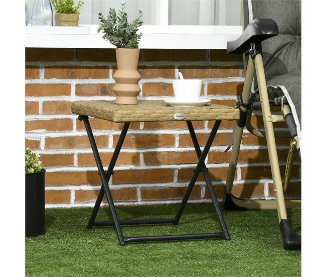 Conforama Outsunny Mesa De Jardín De Ratán Sintético Mesa De Terraza Exterior Plegable Con Patas Cruzadas Y Marco De Acero Para Patio Balcón Natural