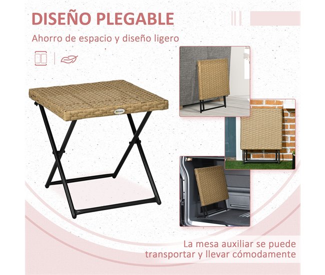 Conforama Outsunny Mesa De Jardín De Ratán Sintético Mesa De Terraza Exterior Plegable Con Patas Cruzadas Y Marco De Acero Para Patio Balcón Natural