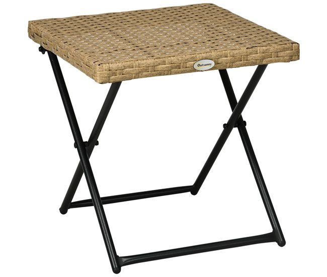 Conforama Outsunny Mesa de Jardín de Ratán Sintético Mesa de Terraza Exterior Plegable con Patas Cruzadas y Marco de Acero para Patio Balcón Natural