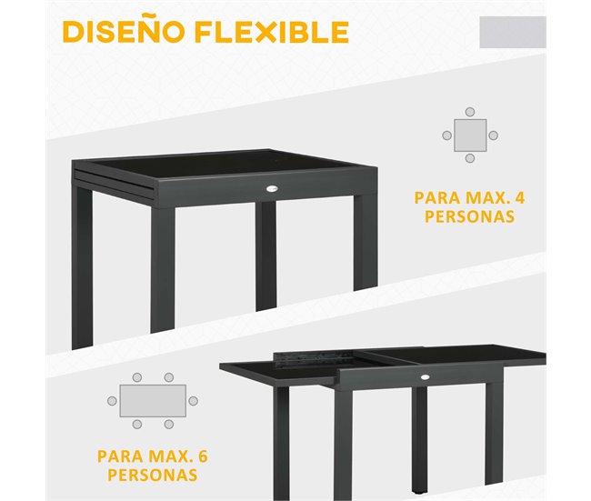 Conforama Outsunny Mesa De Jardín Extensible De Aluminio Mesa De Comedor Rectangular Con Encimera De Vidrio Templado Carga 50 Kg Para Terraza 160x80x75 Cm Negro