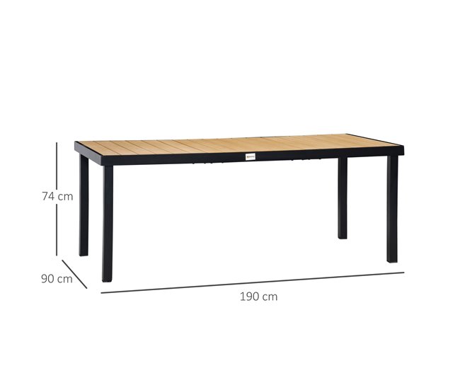 Conforama Outsunny Mesa De Jardín Rectangular Para 8 Personas Mesa De Comedor Exterior 190x90x74 Cm Con Encimera De Listones Y Estructura De Aluminio Para Terraza Balcón Natural Y Negro