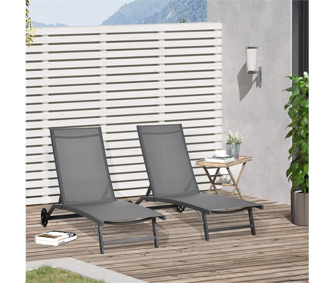 Conforama Outsunny Pack De 2 Tumbonas De Jardín Exterior Tumbonas Reclinables De Aluminio Con Respaldo Ajustable De 5 Niveles Y Ruedas Para Playa Piscina 165x66x102 Cm Gris Oscuro