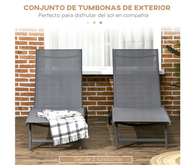 Conforama Outsunny Pack De 2 Tumbonas De Jardín Exterior Tumbonas Reclinables De Aluminio Con Respaldo Ajustable De 5 Niveles Y Ruedas Para Playa Piscina 165x66x102 Cm Gris Oscuro