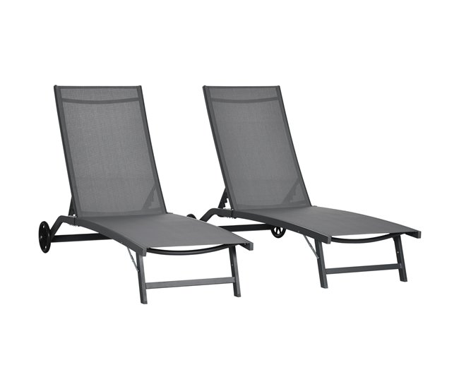 Conforama Outsunny Pack de 2 Tumbonas de Jardín Exterior Tumbonas Reclinables de Aluminio con Respaldo Ajustable de 5 Niveles y Ruedas para Playa Piscina 165x66x102 cm Gris Oscuro