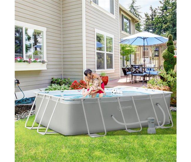 Conforama Outsunny Piscina Desmontable Tubular 340x215x80 Cm Piscina Rectangular De Exterior Con Depuradora De Cartucho 4.000 L/H Mangueras Longitud 100 Cm Y Marco De Acero 4200 L Gris