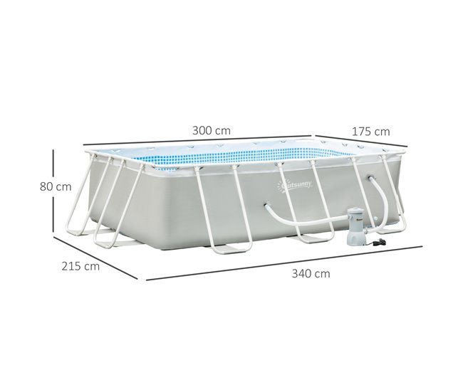 Conforama Outsunny Piscina Desmontable Tubular 340x215x80 Cm Piscina Rectangular De Exterior Con Depuradora De Cartucho 4.000 L/H Mangueras Longitud 100 Cm Y Marco De Acero 4200 L Gris