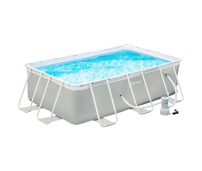 Conforama Outsunny Piscina Desmontable Tubular 340x215x80 cm Piscina Rectangular de Exterior con Depuradora de Cartucho 4.000 L/H Mangueras Longitud 100 cm y Marco de Acero 4200 L Gris