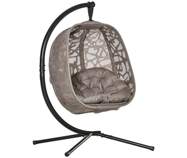 Conforama Outsunny Silla Colgante con Soporte de Acero Sillón Colgante Hamaca con Cesta Plegable y Cojines para Interiores y Exterior Carga 120 kg 126x96x172 cm Marrón