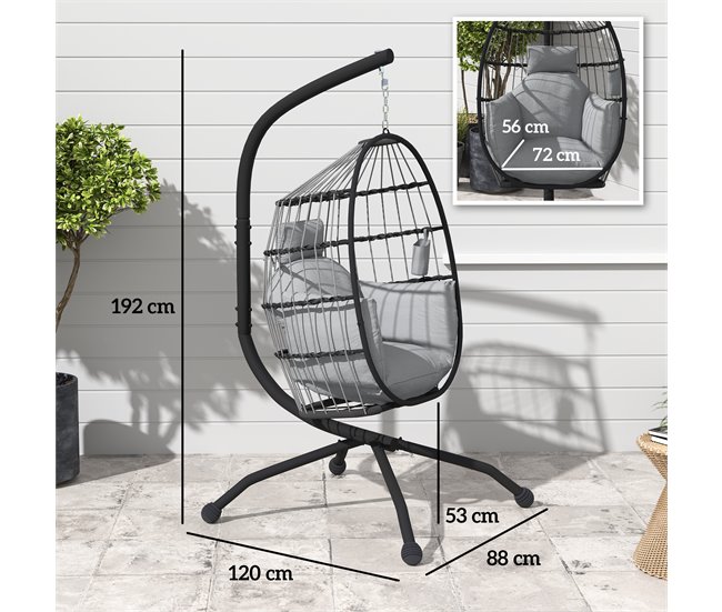 Conforama Outsunny Silla Colgante Huevo Con Soporte Columpio Jardín Exterior Con Cesta Plegable Cojín Y Reposacabezas Columpio Colgante Para Interior Y Exterior Carga 120 Kg Gris