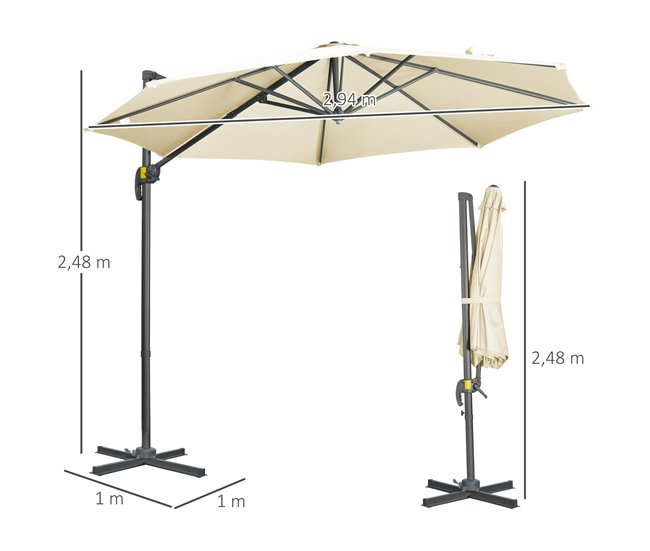 Conforama Outsunny Sombrilla De Jardín Ø300x250 Cm Parasol Excéntrico De Aluminio Con Manivela Toldo Inclinable Giratorio 360° Con Pedal Y Base Cruzada Crema