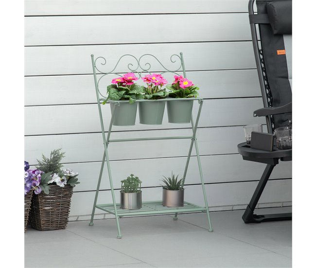 Conforama Outsunny Soporte De Metal Para Plantas Plegable Con 3 Macetas Incluidas Y Estante Inferior Porta Macetero Decorativo De Flores Para Interiores Y Exteriores 47x37x78 5 Cm Verde