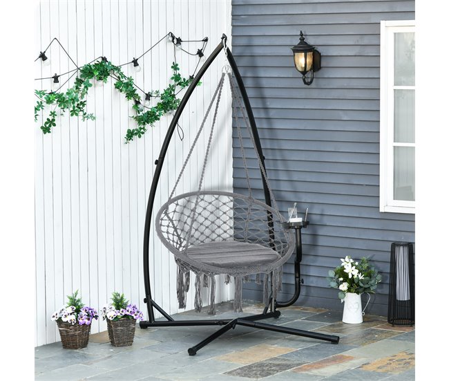 Conforama Outsunny Soporte Para Silla Colgante 190 Cm Sostén Para Columpio Con Mesita Lateral Carga Máx. 120 Kg Estructura De Metal Para Patio Jardín Negro