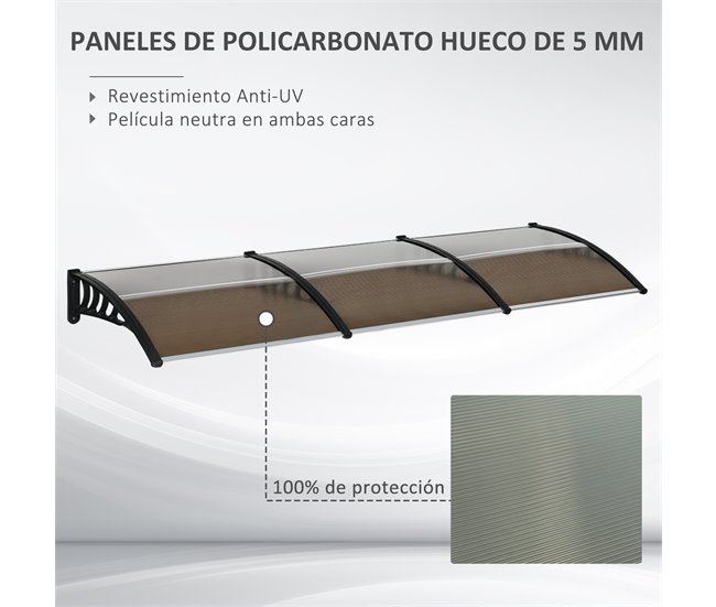 Conforama Outsunny Tejadillo De Protección 303x96x27 Cm Marquesina Exterior Para Puertas Y Ventanas Contra Sol Y Lluvia Con Soporte De PP Policarbonato Marrón