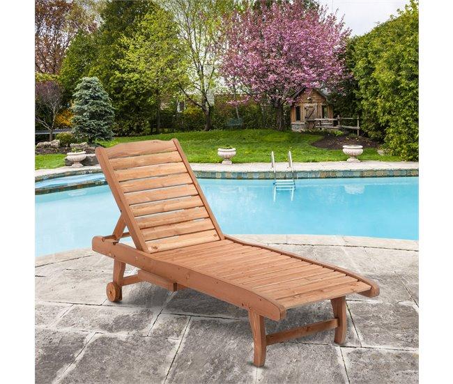 Conforama Outsunny Tumbona De Madera Exterior Silla Reclinable De Jardín Con 2 Ruedas Respaldo Ajustable En 3 Niveles Y 1 Bandeja Carga 130 Kg Para Terraza Patio Natural