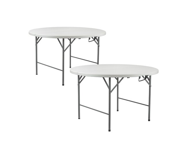 Conforama Pack 2 Mesas Plegables Portátiles Resina Ø121cm Blanco Efecto Granito 7house