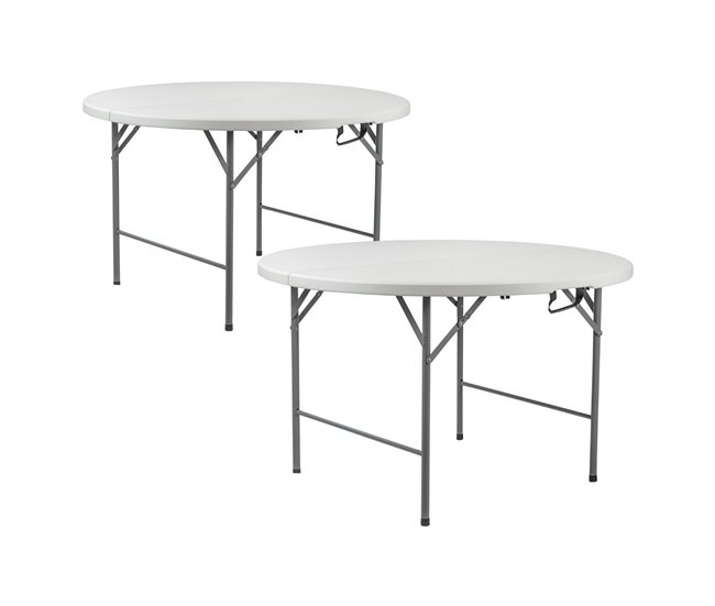 Conforama Pack 2 Mesas Plegables Portátiles Resina Ø150cm Blanco Efecto Granito 7house