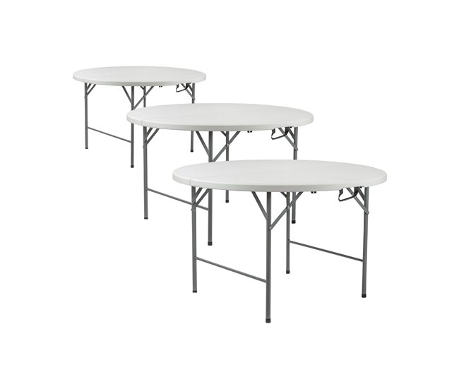 Conforama Pack 3 Mesas Plegables Portátiles Resina Ø121cm Blanco Efecto Granito 7house