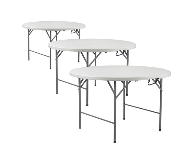 Conforama Pack 3 Mesas Plegables Portátiles Resina Ø150cm Blanco Efecto Granito 7house