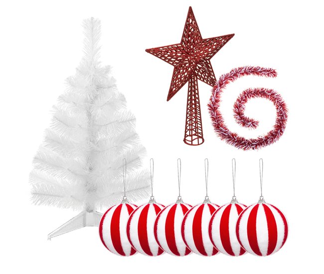 Conforama Pack decoración Navidad: Abeto blanco 70 cm con base + 6 bolas Navidad rayas blanca y roja + Estrella cresta roja + guirnalda espumillón blanca y roja