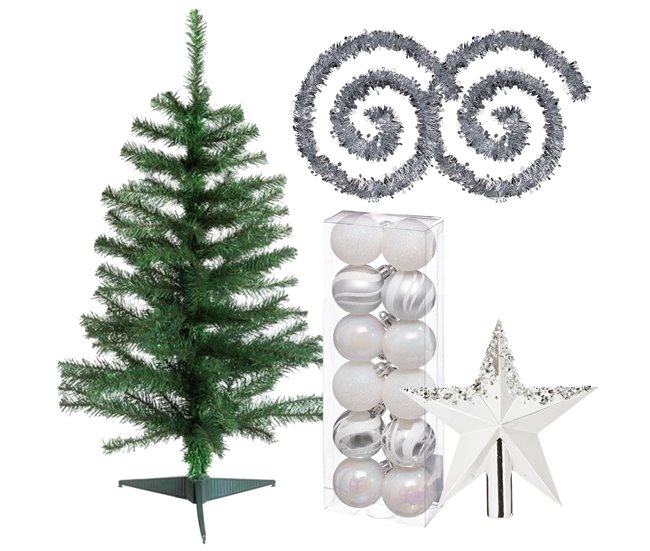 Conforama Pack decoración Navidad: Abeto verde 100 cm con base + Lote de 12 bolas navideñas de 40 mm. Diseño surtido + 2 Guirnaldas espumillón plata 2 m + Estr