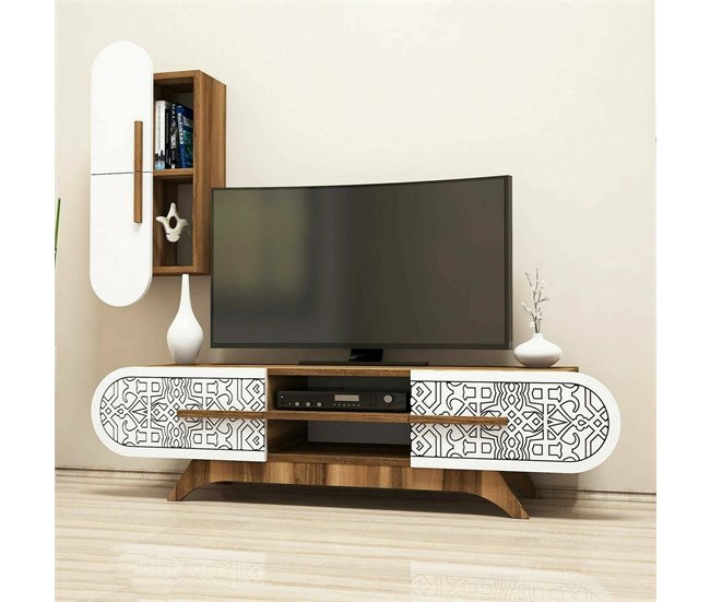 Conforama Pared Equipada Dpascucc Composición De La Sala De Estar Muebles De Salón Multiusos Gabinete De TV 145x35h37 Cm Nogal Y Blanco