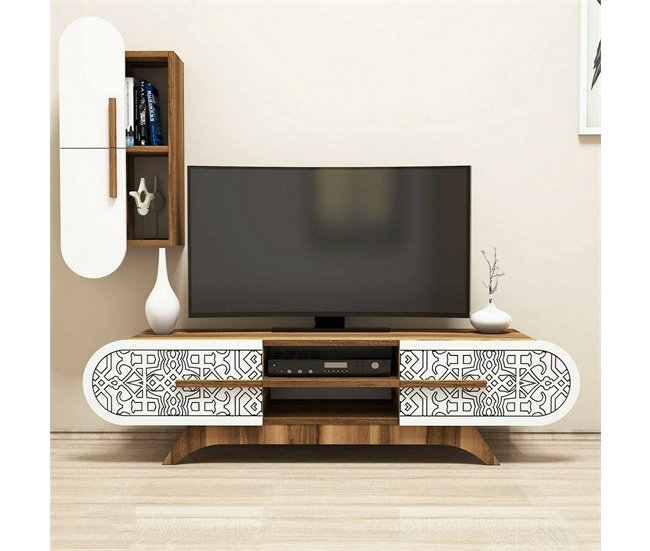 Conforama Pared Equipada Dpascucc Composición De La Sala De Estar Muebles De Salón Multiusos Gabinete De TV 145x35h37 Cm Nogal Y Blanco