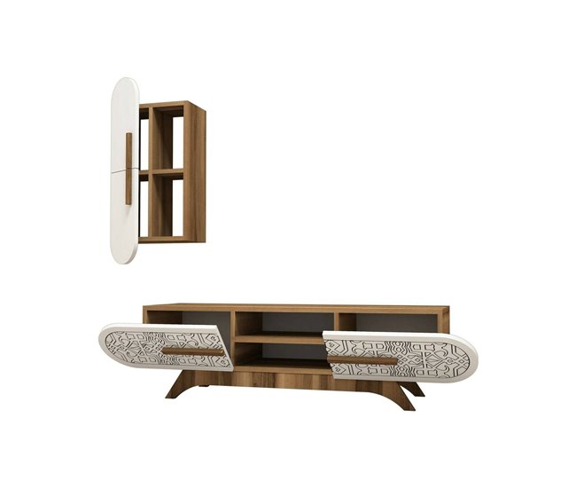 Conforama Pared Equipada Dpascucc Composición de la sala de estar Muebles de salón multiusos Gabinete de TV 145x35h37 cm Nogal y Blanco