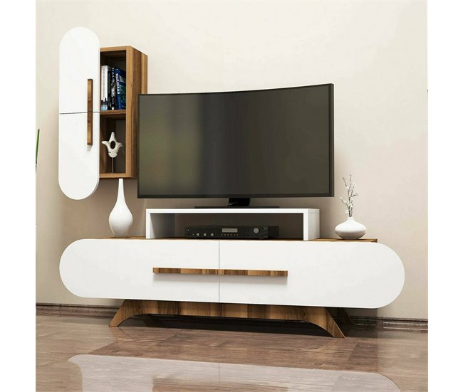 Conforama Pared Equipada Dpiccol Composición De La Sala De Estar Muebles De Salón Multiusos Gabinete De TV 145x37h50 Cm Nogal Y Blanco
